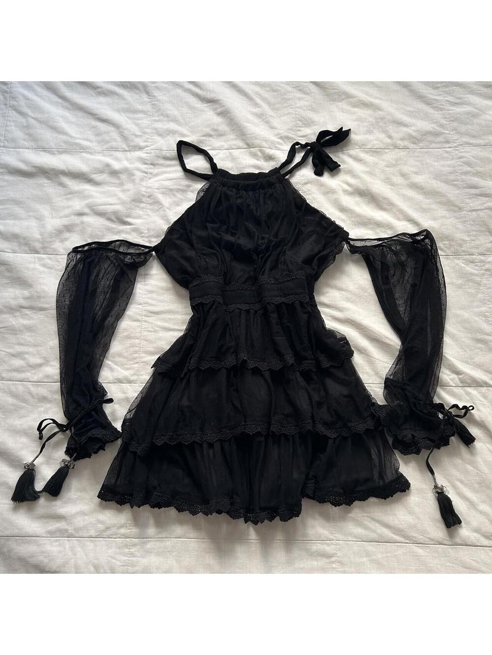 Black Lace Tiered Cold Shoulder Mini Dress Tassels Size M